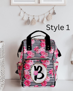 Striped Peonies Monogram Diaper Bag (A204)