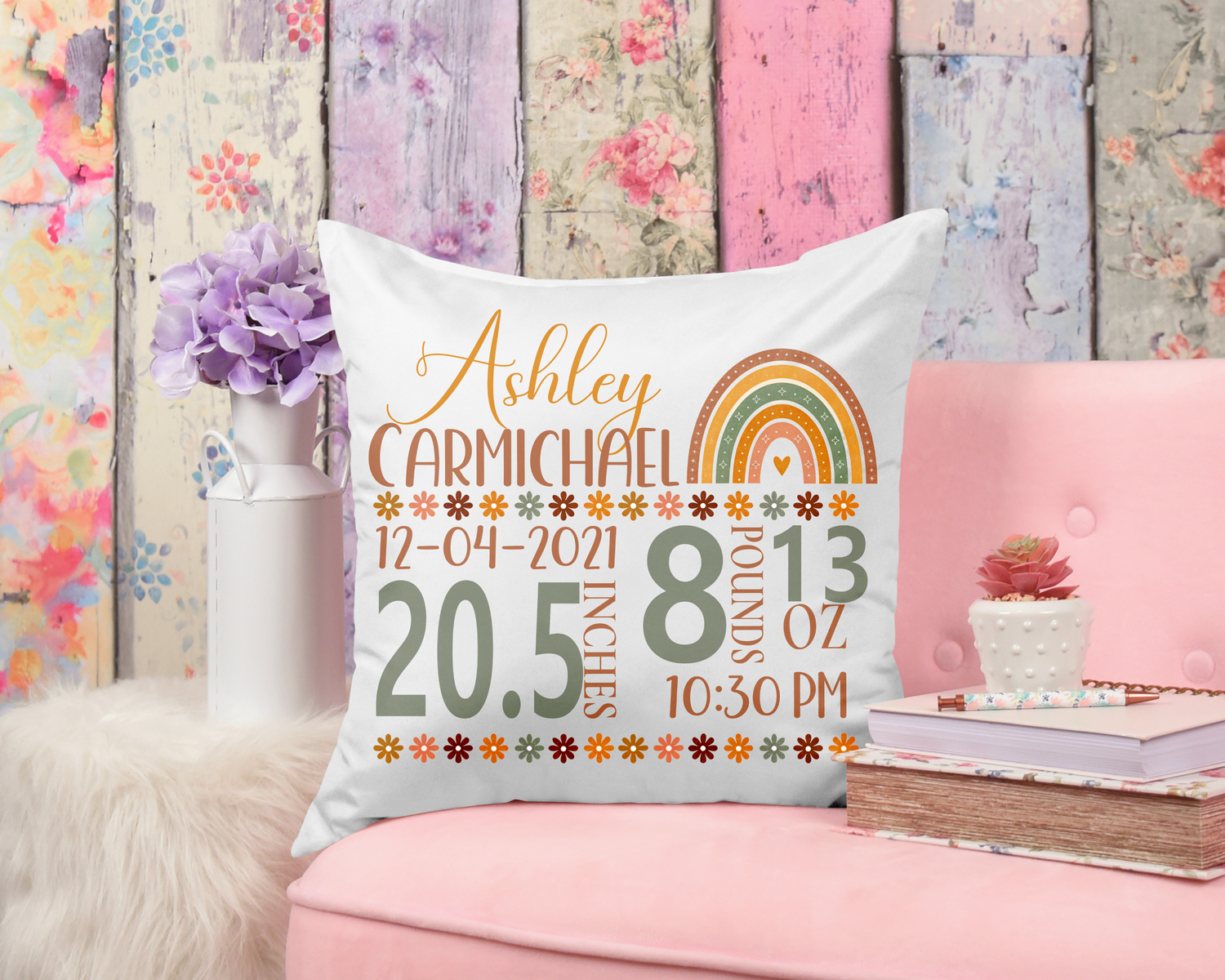 Birth Announcement Pillow - Retro Rainbow (A111)