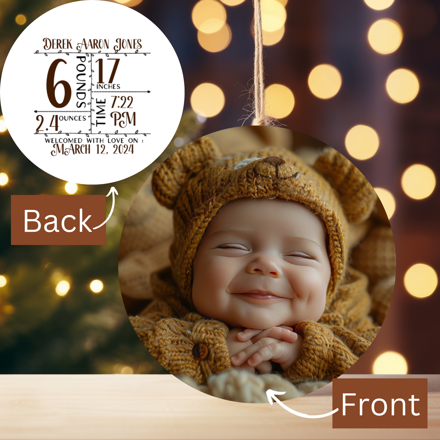 Photo and Birth Stats Christmas Ornament (A025)