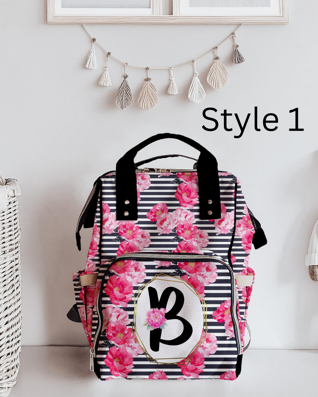 Striped Peonies Monogram Diaper Bag (A204)