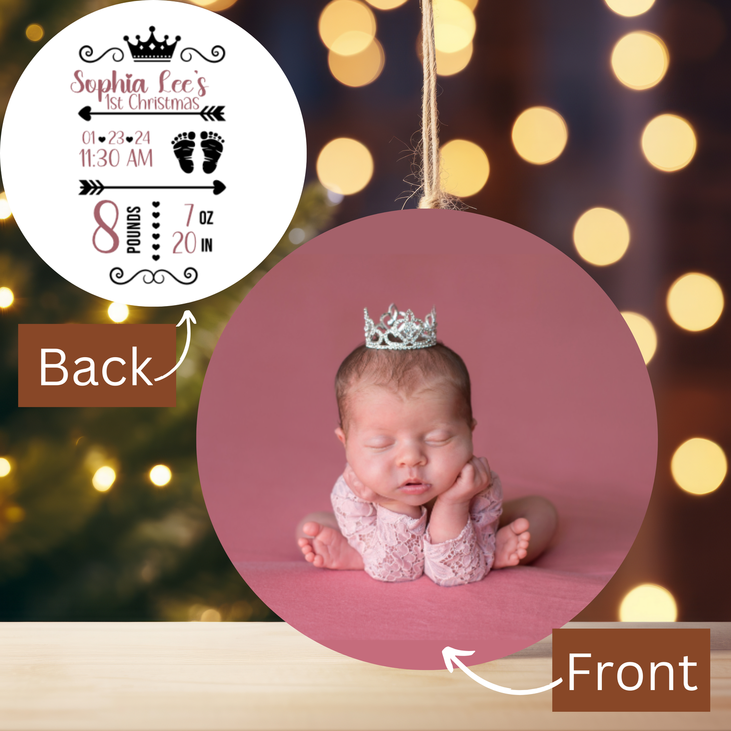 Photo and Birth Stats Christmas Ornament (A025)