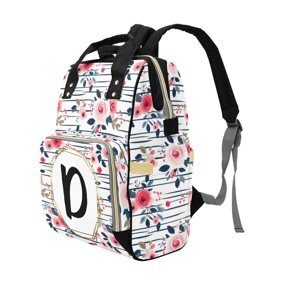 Striped Roses Monogram Diaper Bag (A205)