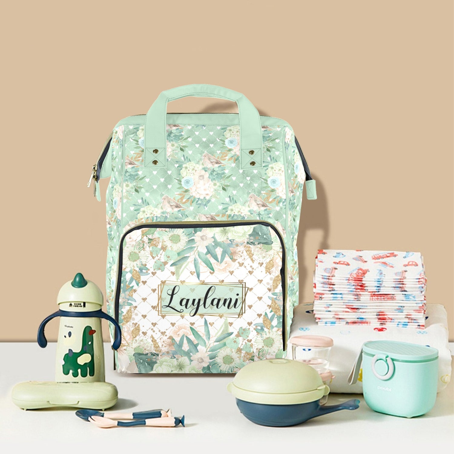 Mint Floral Diaper Bag (A221)