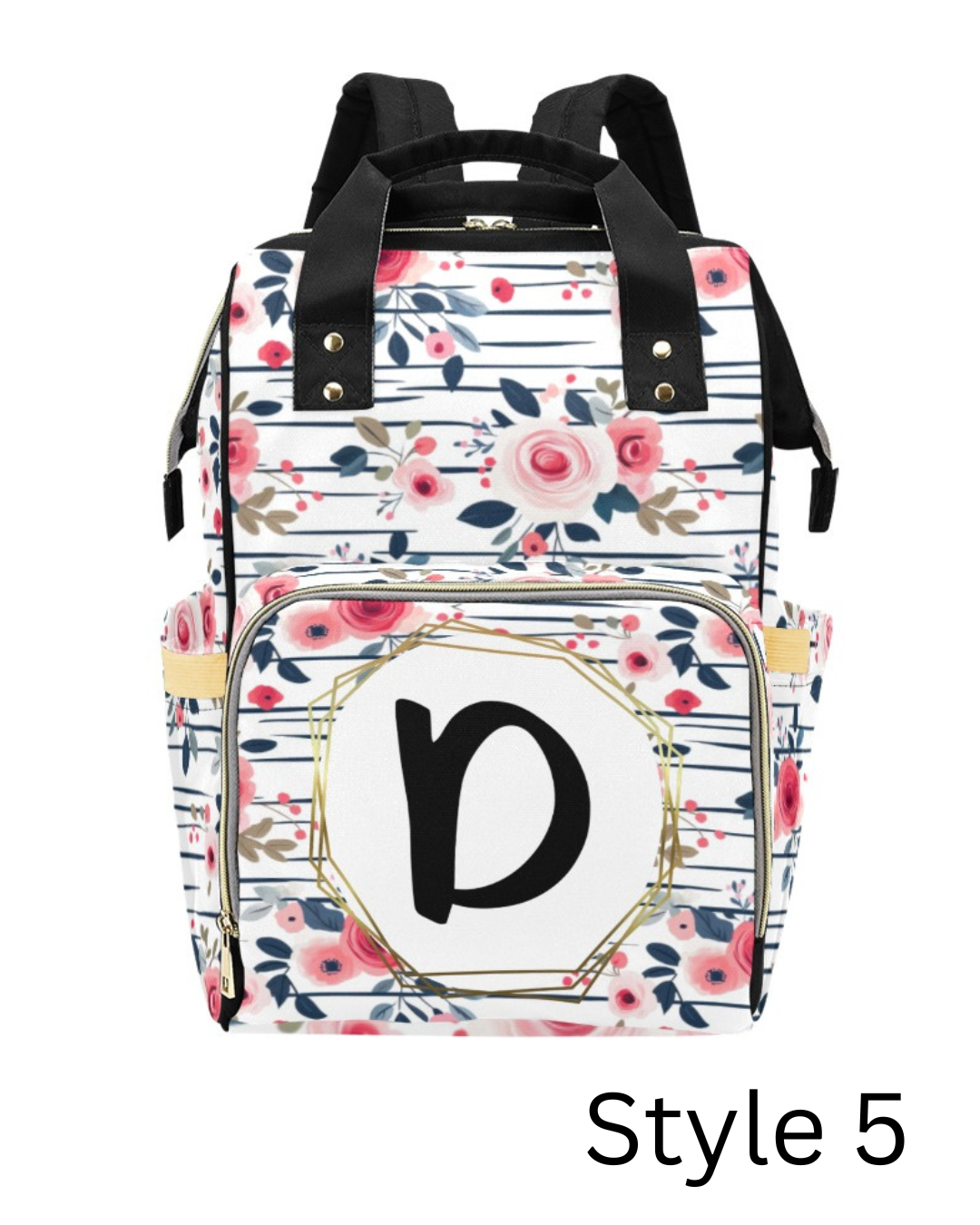 Striped Roses Monogram Diaper Bag (A205)