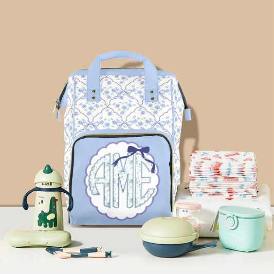 Abby Elaine Blue Blossom Monogram Diaper Bag (A114)