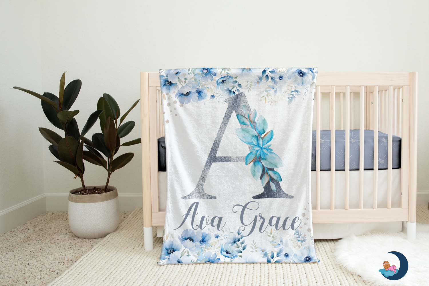 Blue Floral Monogram Blanket (B233)