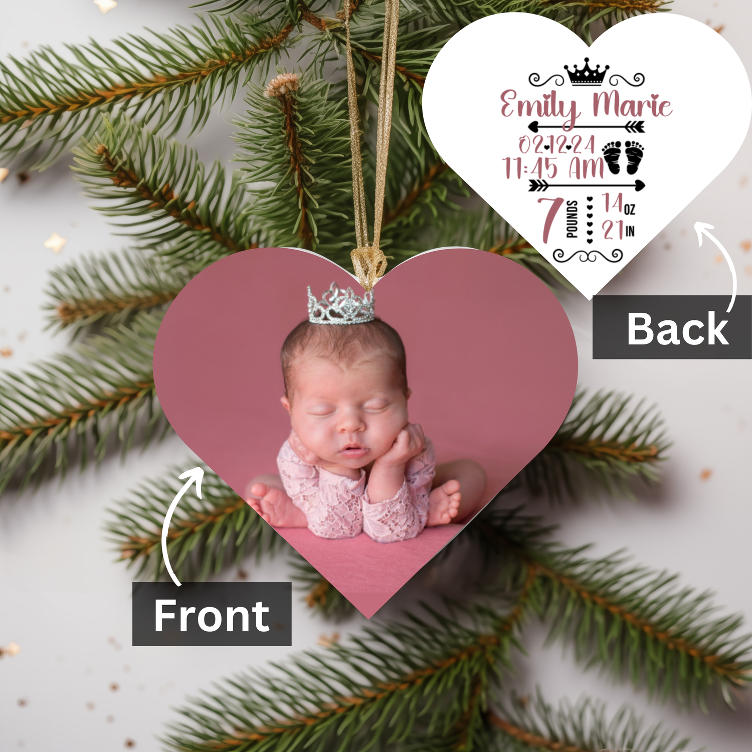 Photo and Birth Stats Heart-Shaped Christmas Ornament (A026)