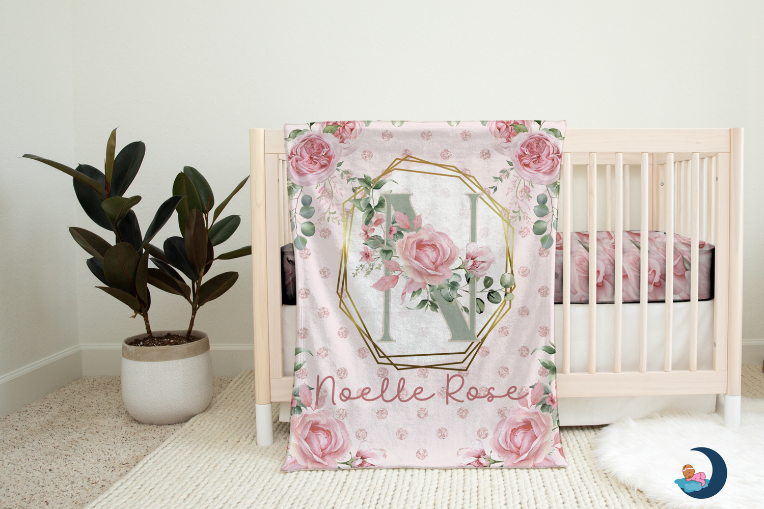 Sage Rose Monogram Blanket (B245)
