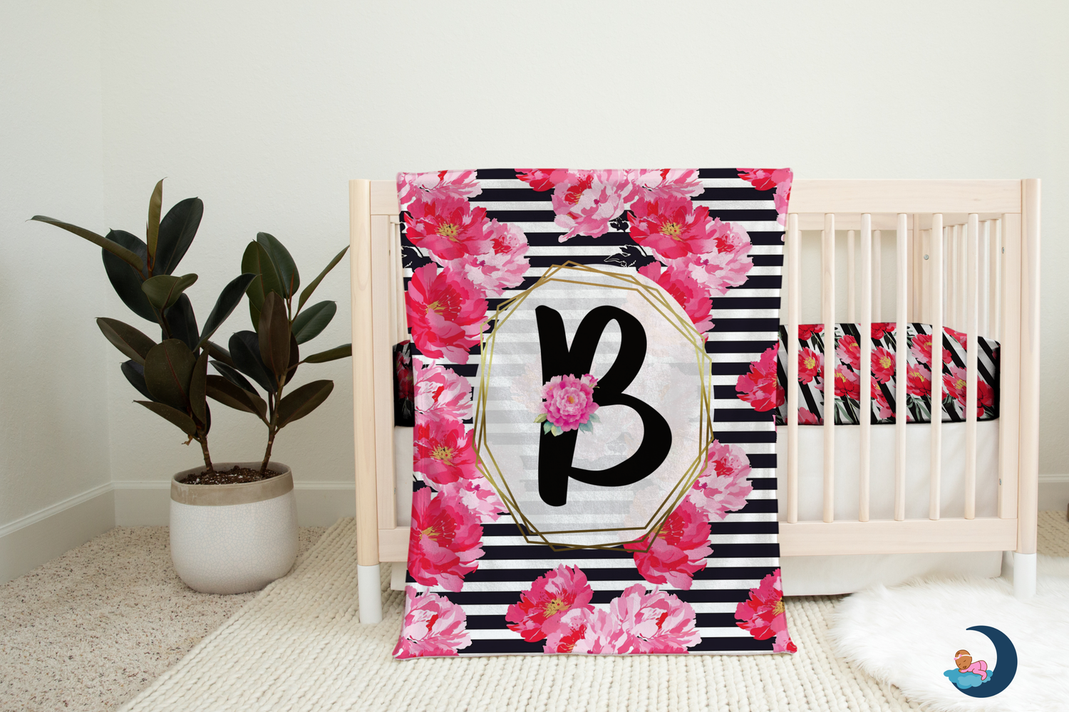 Striped Peonies Monogram Blanket (B250)