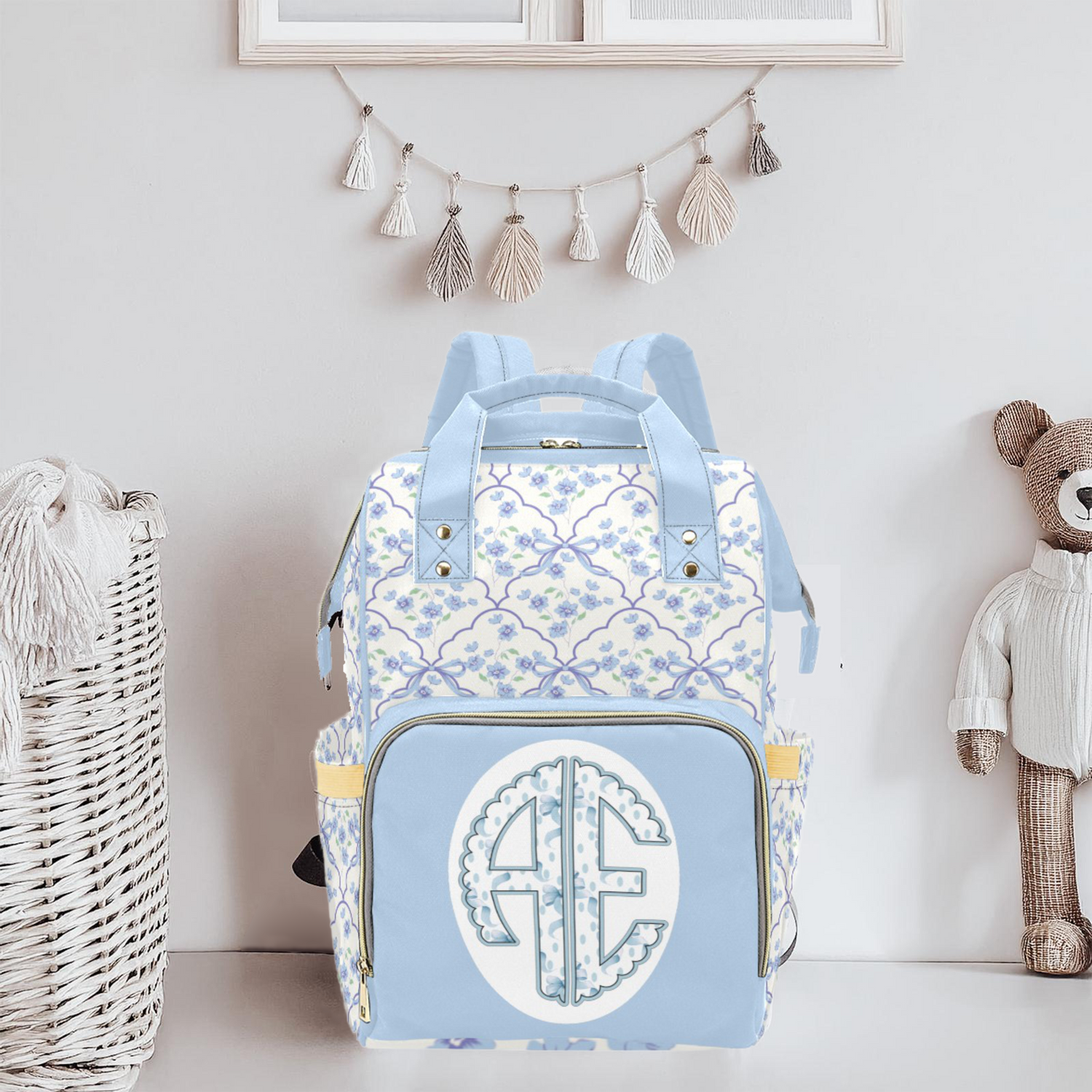 Abby Elaine Blue Blossom Monogram Diaper Bag (A114)