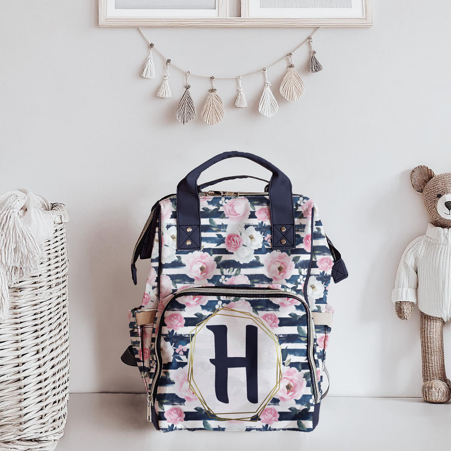 Striped Roses Monogram Diaper Bag (A205)