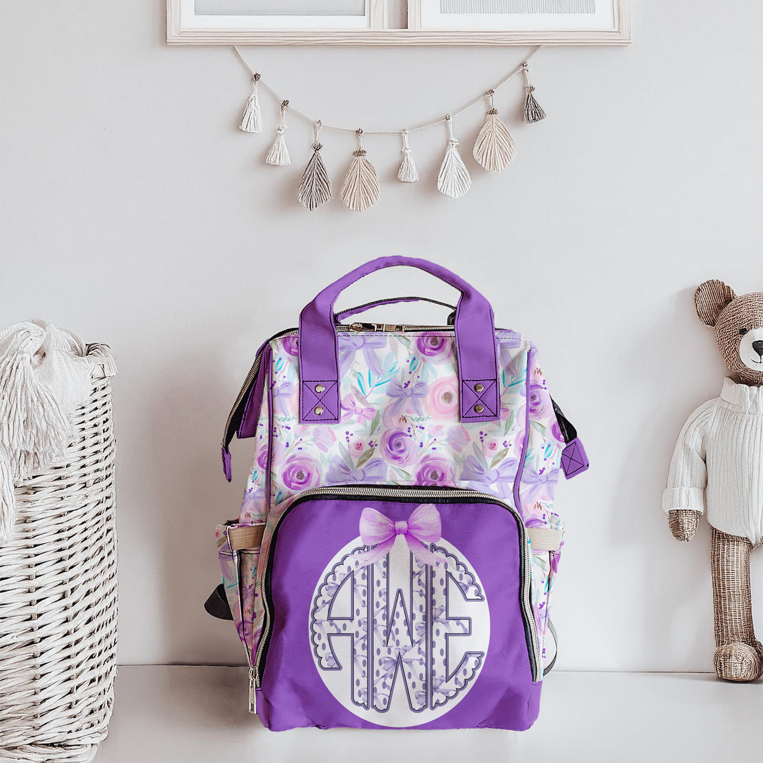 Bows in a Flower Bed Monogram Diaper Bag (A128)
