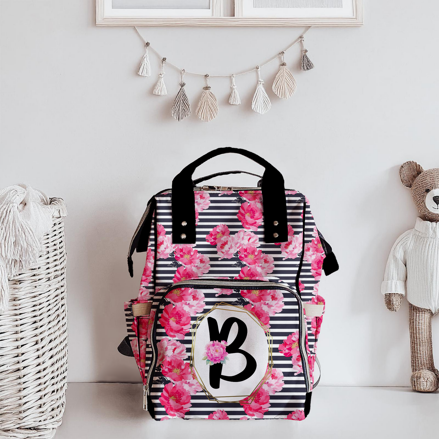 Striped Peonies Monogram Diaper Bag (A204)