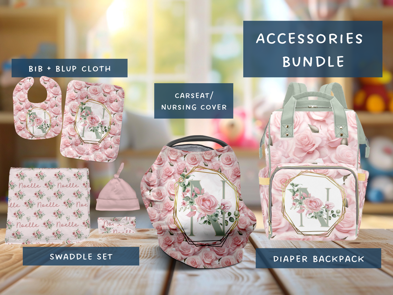 Sage Rose Monogram Accessories Set (Bun069)