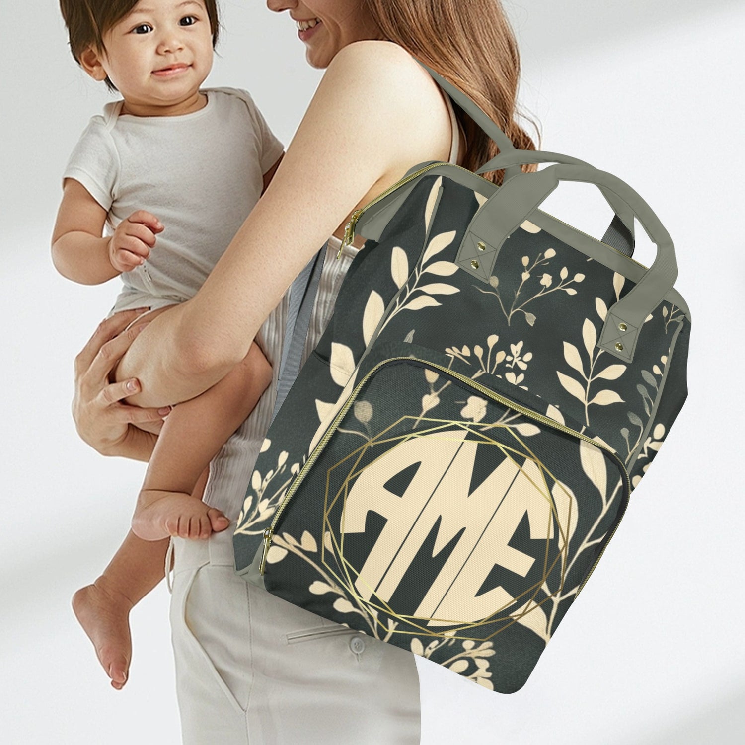 Dark Sage Monogram Diaper Bag (A220)