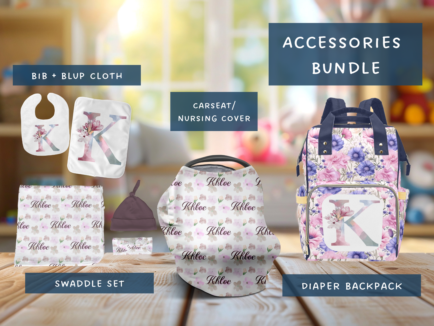 Purple Pastel Garden Monogram Accessories Set (Bun068)